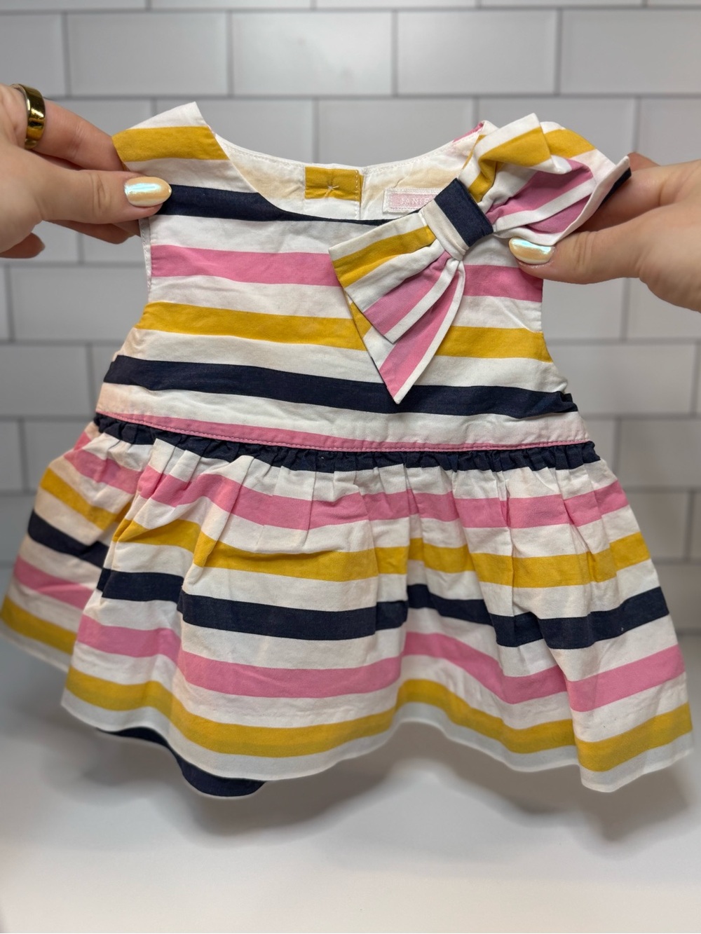 Janie and Jack Striped Bow-Front Dress in Pink, Yellow & Navy